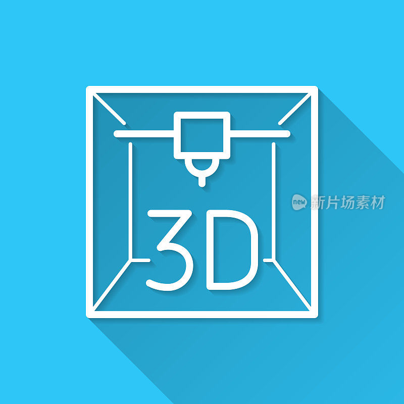 3 d打印机。图标在蓝色背景-平面设计与长阴影